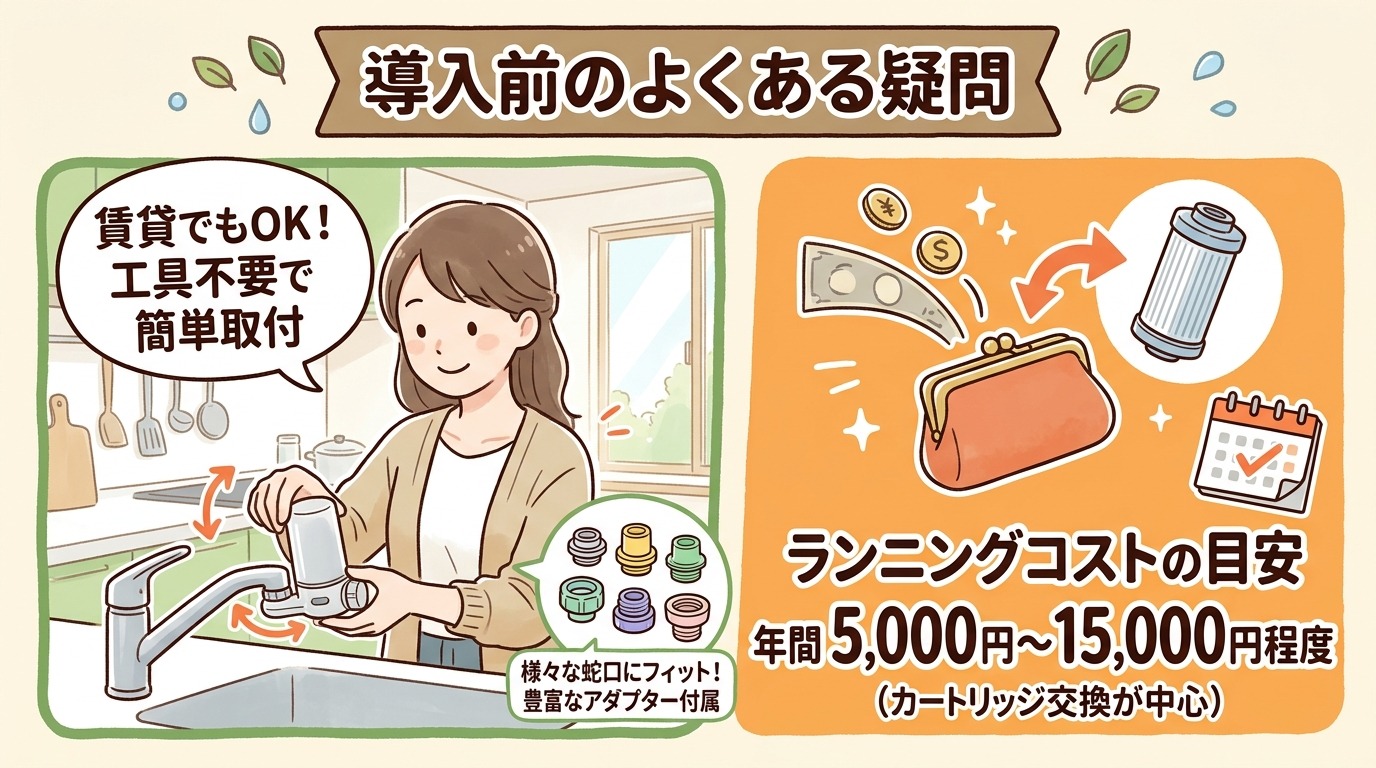浄水器の取り付けやカートリッジ交換を説明するイラスト画像