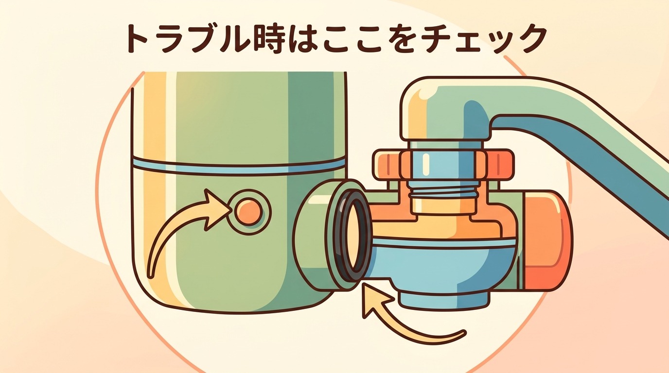 浄水器本体のリセットボタンやパッキンの位置を示す画像
