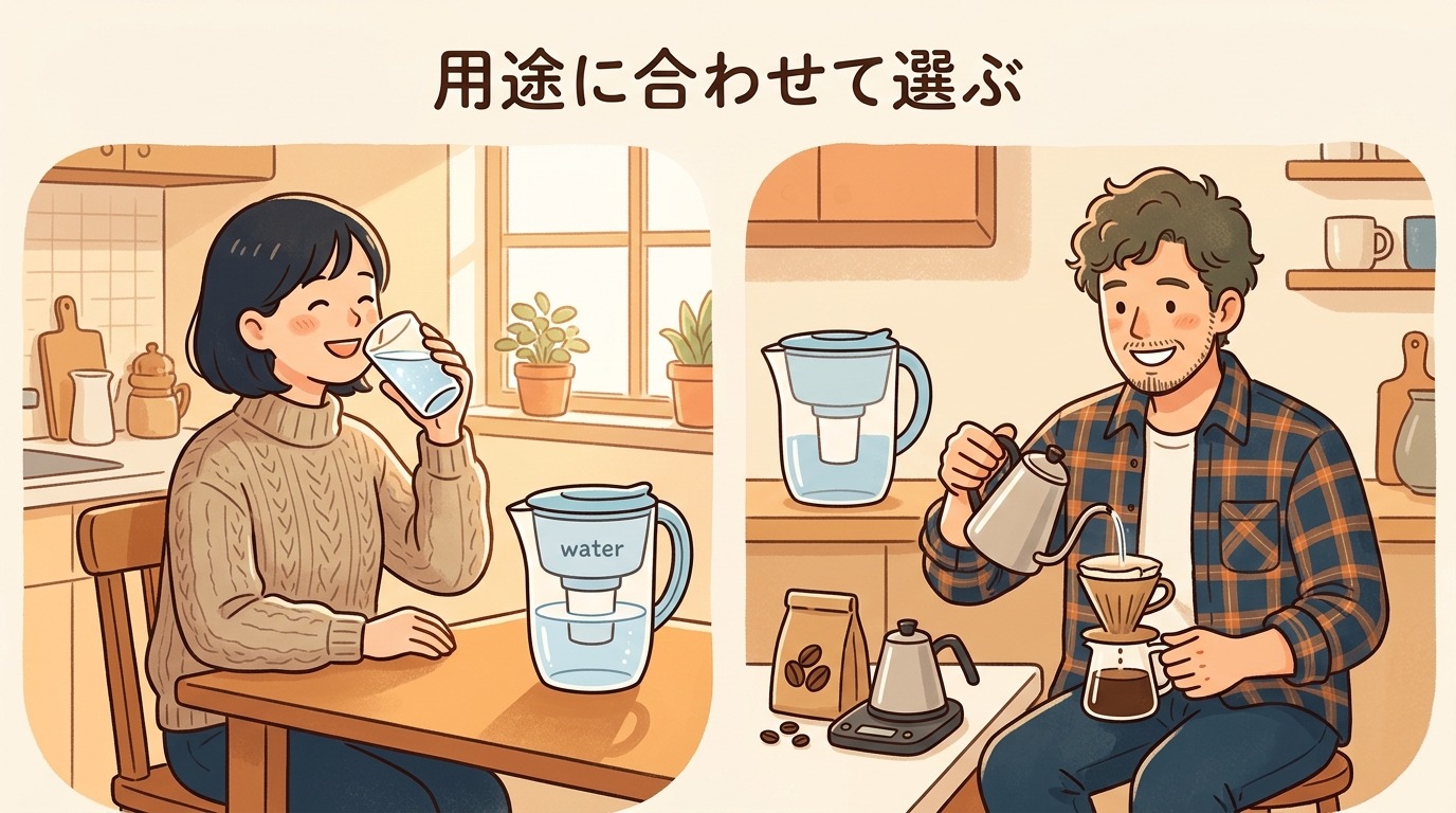 水をそのまま飲むシーンとコーヒーを淹れるシーンのイメージ画像