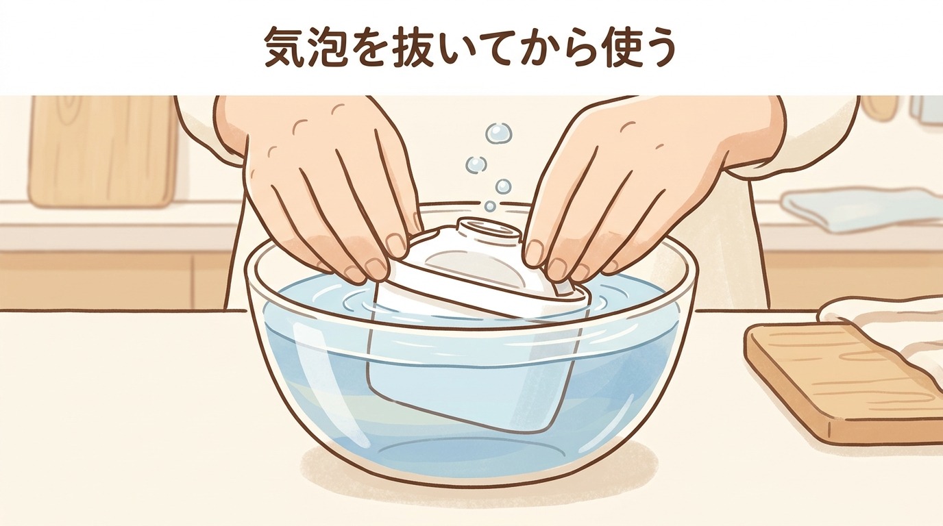 カートリッジを水に浸して気泡を抜いている画像