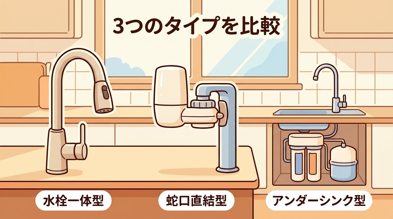 水栓一体型、蛇口直結型、アンダーシンク型の比較イメージ画像