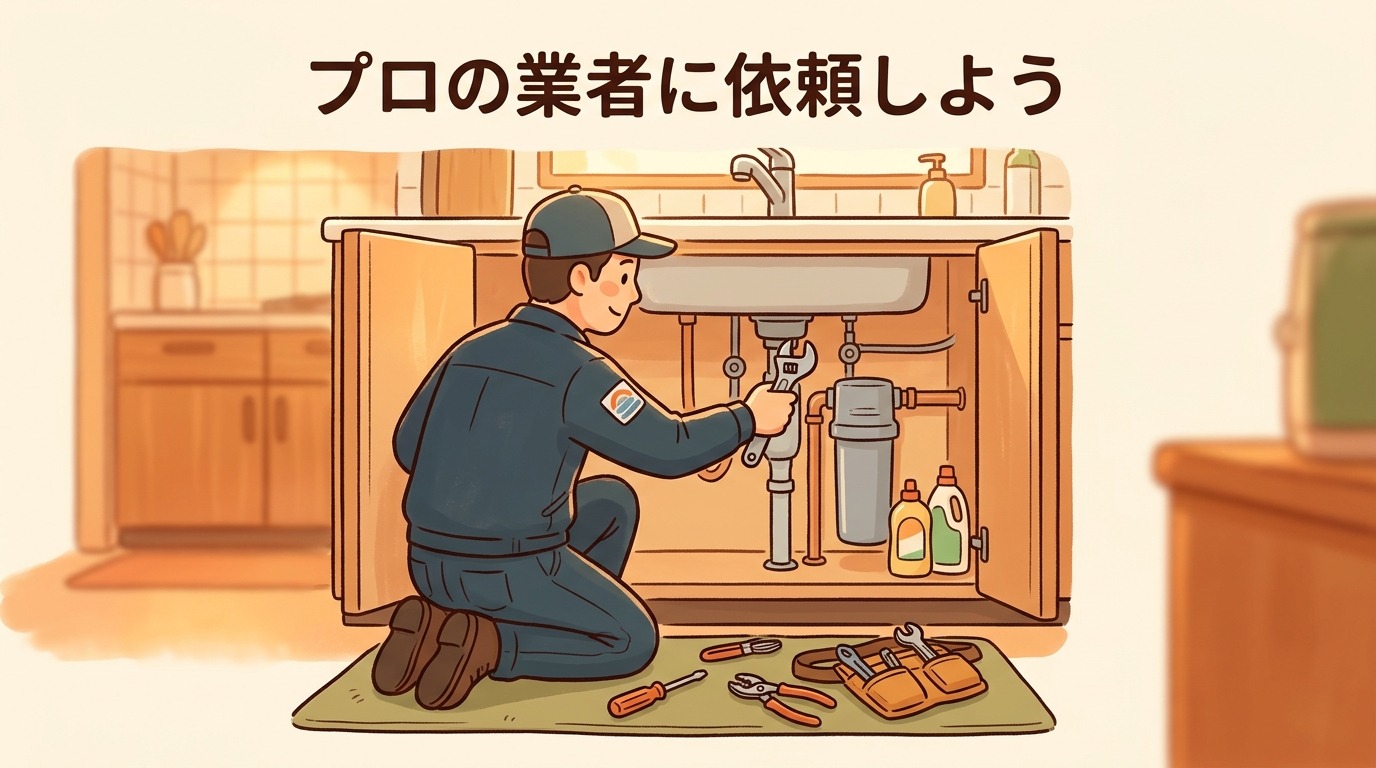 専門業者がキッチンの水栓を取り付けている様子