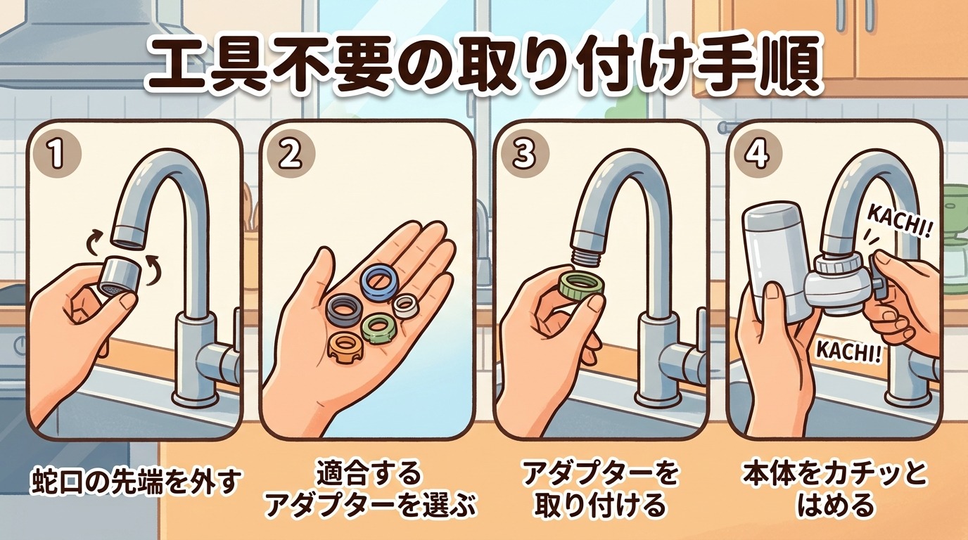 工具不要で蛇口に浄水器を取り付けている手順のイラスト・画像