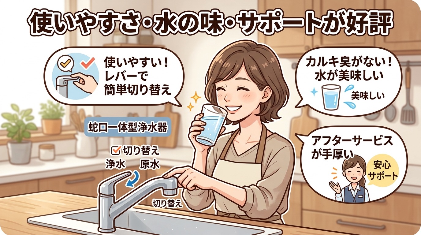 タカギ浄水器の良い口コミ(使いやすさ・水の味・アフターサービス)を表すイラスト