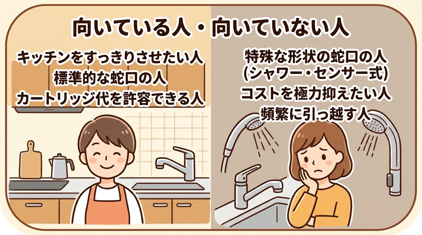 タカギ浄水器が向いている人と向いていない人の特徴を比較するイラスト