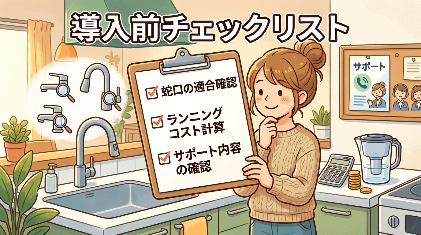 タカギ浄水器導入前のチェックリスト(蛇口の適合・ランニングコスト・サポート内容)のイラスト