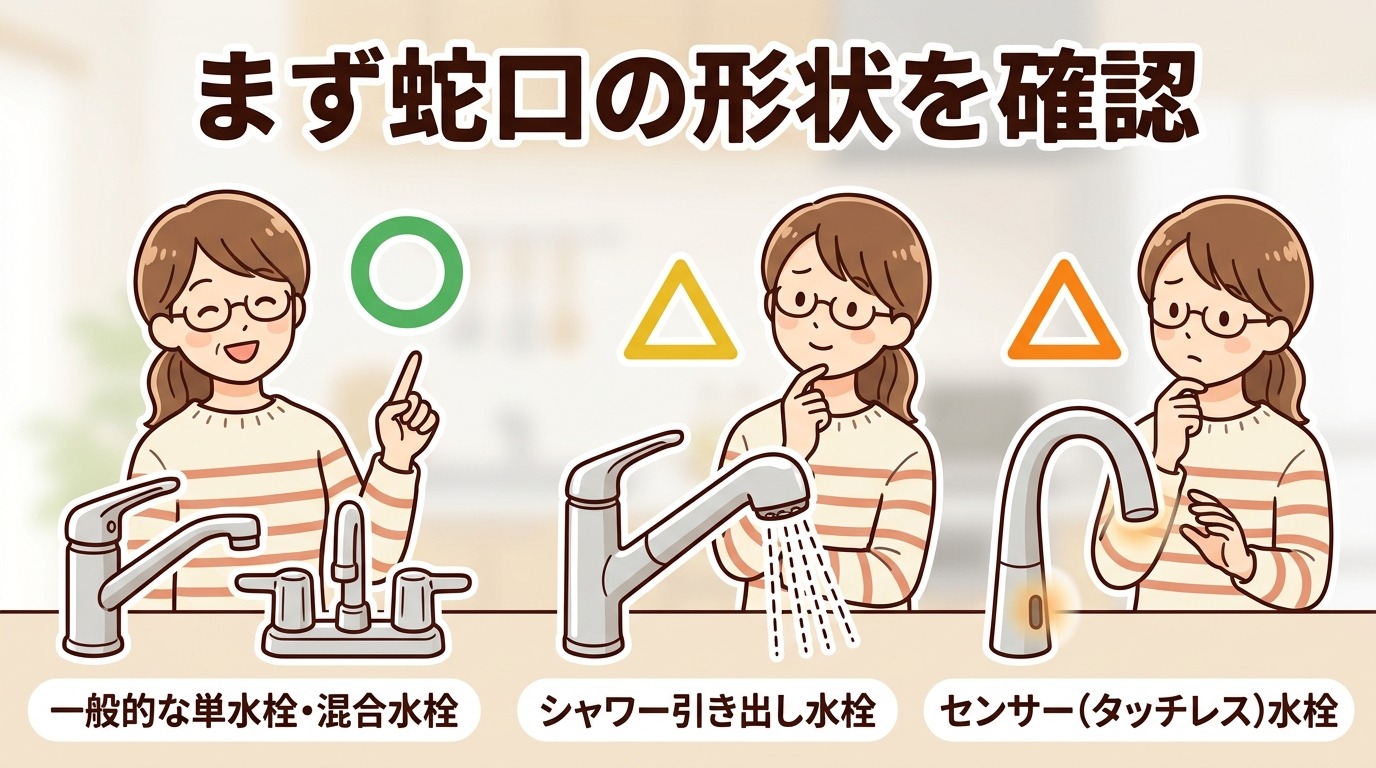蛇口の形状(一般的な水栓・シャワー水栓・センサー水栓)を確認しているイラスト