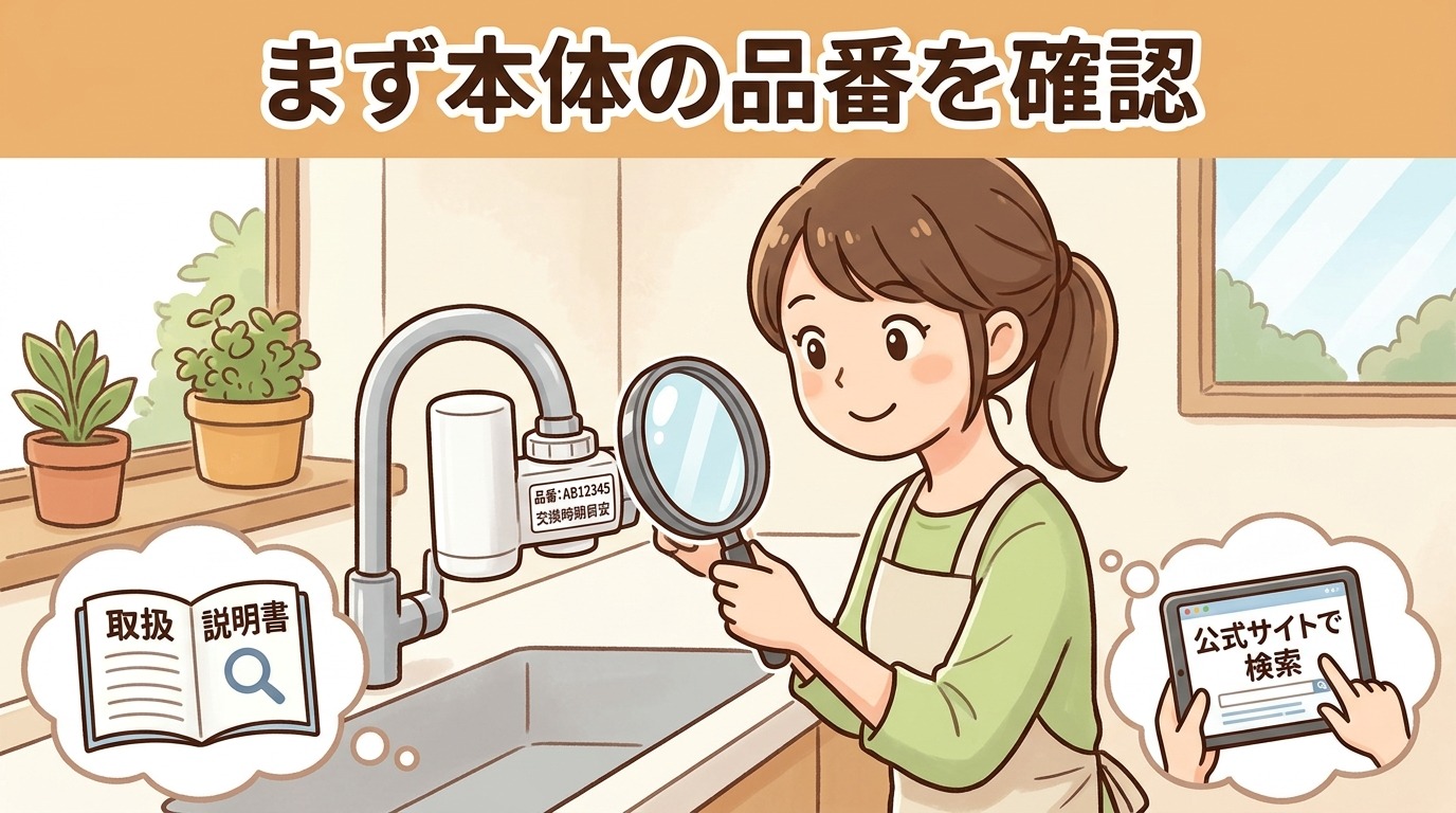 タカギ浄水器本体に印字された品番(型番)を確認しているイラスト