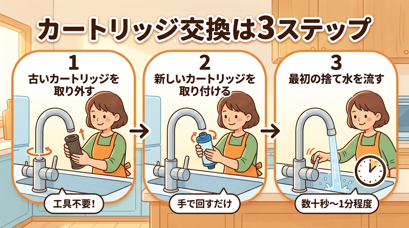 タカギ浄水カートリッジの交換手順(取り外し・取り付け・捨て水)を示すイラスト