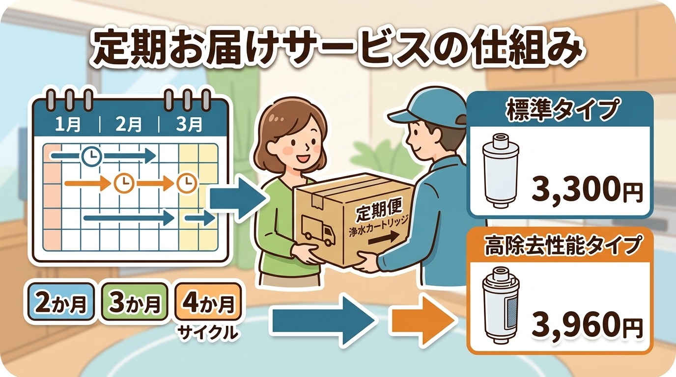 タカギ浄水カートリッジ定期お届けサービスの仕組み(カレンダーと配送箱)を示すイラスト