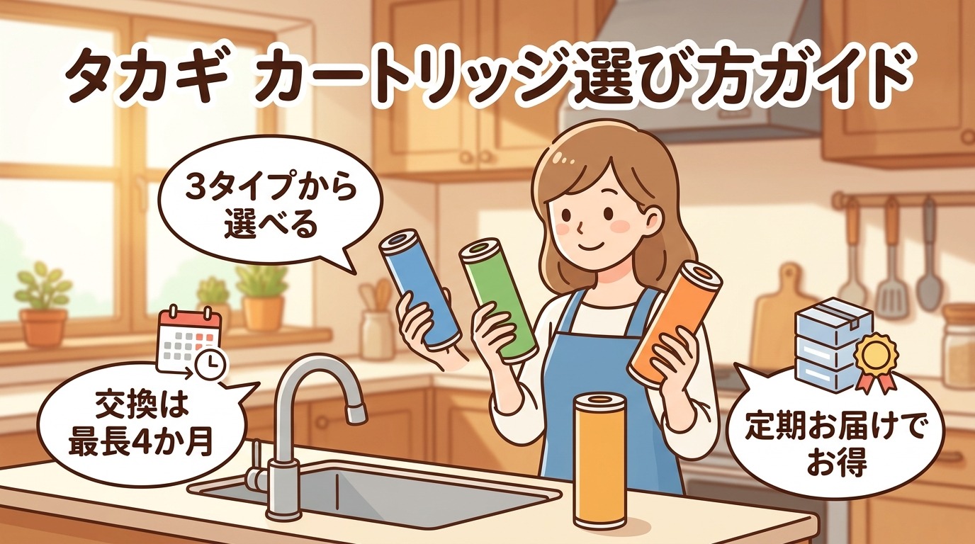 タカギ浄水カートリッジの選び方ガイドを表すイメージイラスト