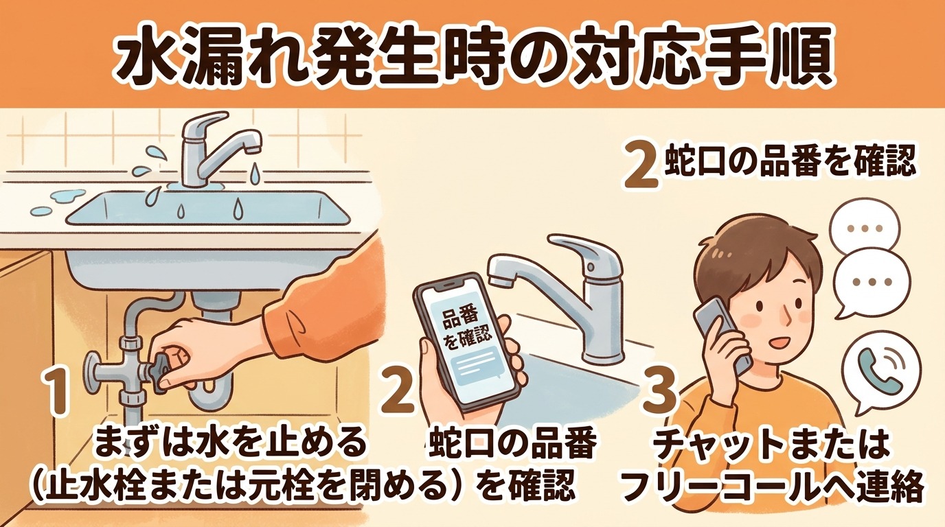 タカギ浄水器の水漏れ発生時の対応手順(止水栓を閉める・品番確認・問い合わせ)を示すイラスト