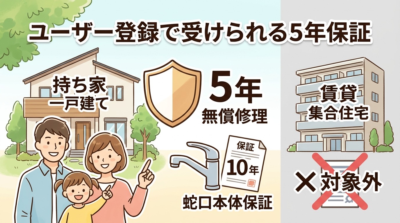 タカギ浄水器のユーザー登録で受けられる5年無償修理・蛇口本体10年保証(持ち家限定・賃貸は対象外)を示すイラスト