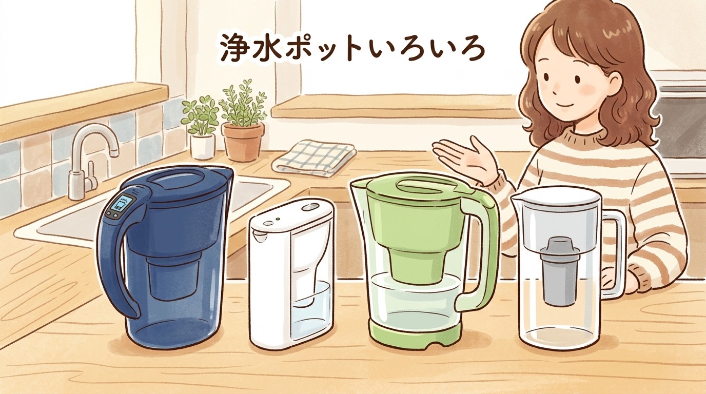 BRITA・クリンスイ・トレビーノ・無印良品の浄水ポットを並べて比較しているイラスト