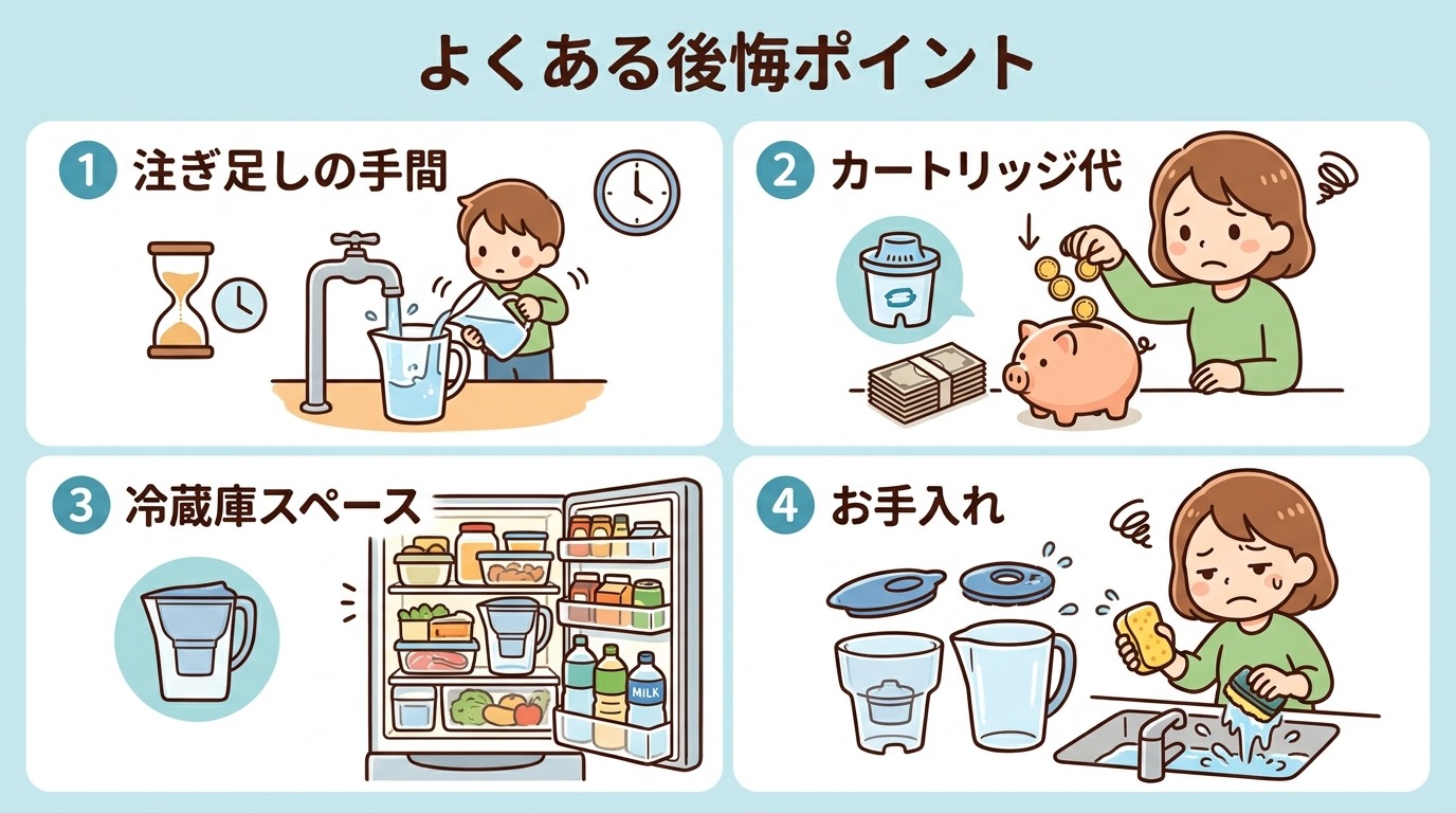 浄水ポットでよくある後悔ポイント(注ぎ足しの手間・カートリッジ代・冷蔵庫のスペース)を示すイラスト