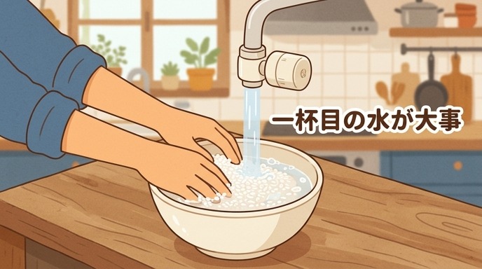米を研ぐ最初のひとすすぎに浄水器の水を使うイメージ