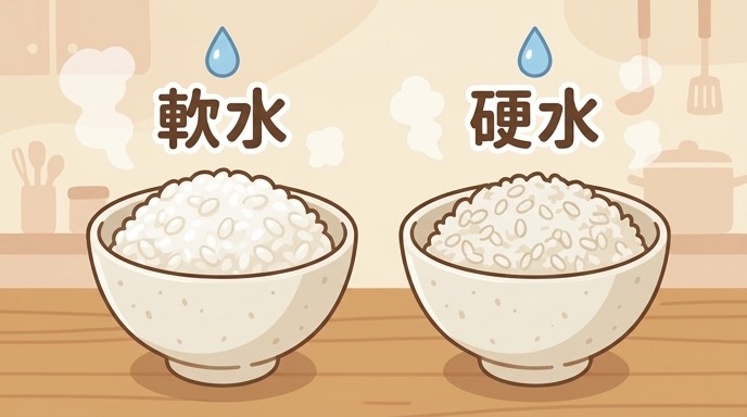軟水と硬水でご飯の炊き上がりが変わることを示す比較イメージ