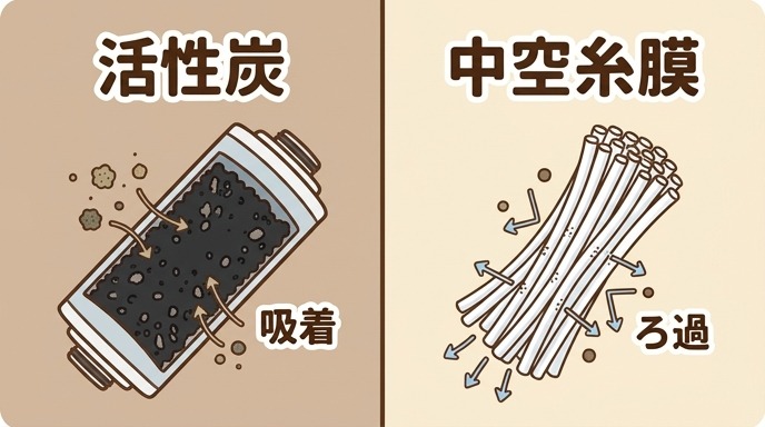 活性炭による吸着と中空糸膜による物理ろ過、2つの仕組みの違いを示す図解