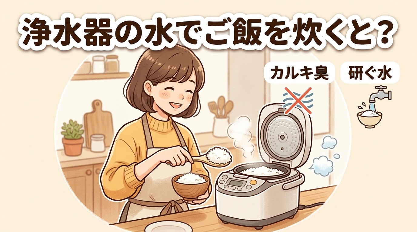 浄水器の水でご飯を炊くとどうなるか。カルキ臭・研ぐ水のポイントを紹介するイラスト