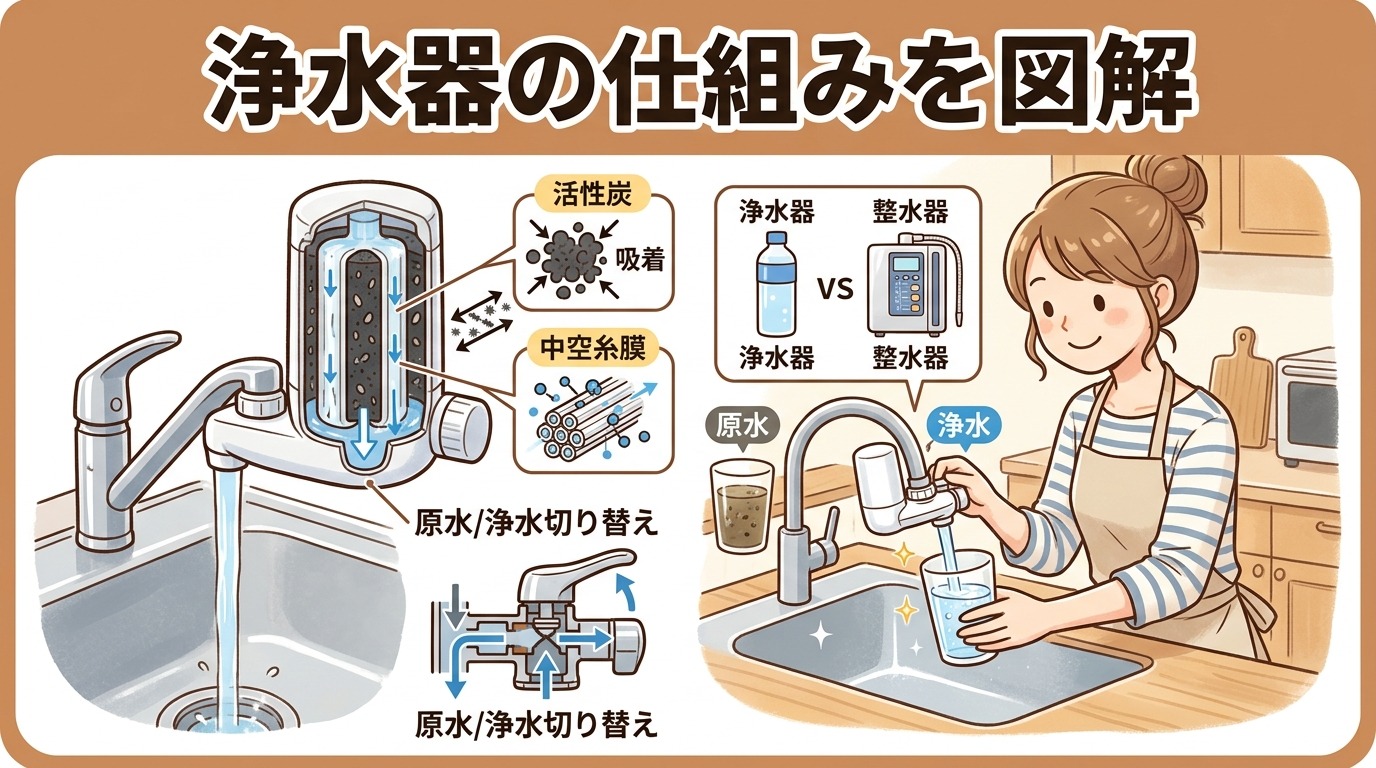 浄水器の仕組みを図解。活性炭の吸着・中空糸膜のろ過・原水浄水切り替え・整水器との違いを紹介するイラスト