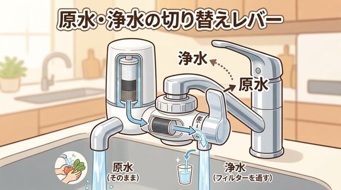 浄水器の蛇口についている原水・浄水の切り替えレバーのイメージ