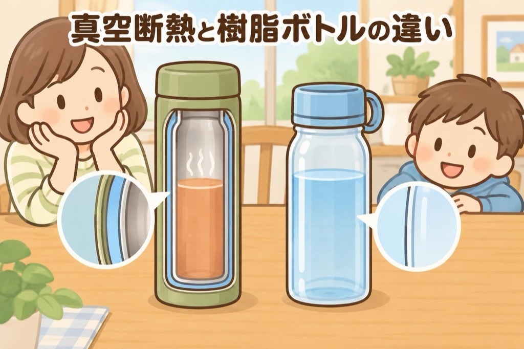 二重壁の間が真空になったステンレス製の水筒と、中身が見える透明な樹脂製ボトルを並べて構造の違いを比べたイラスト