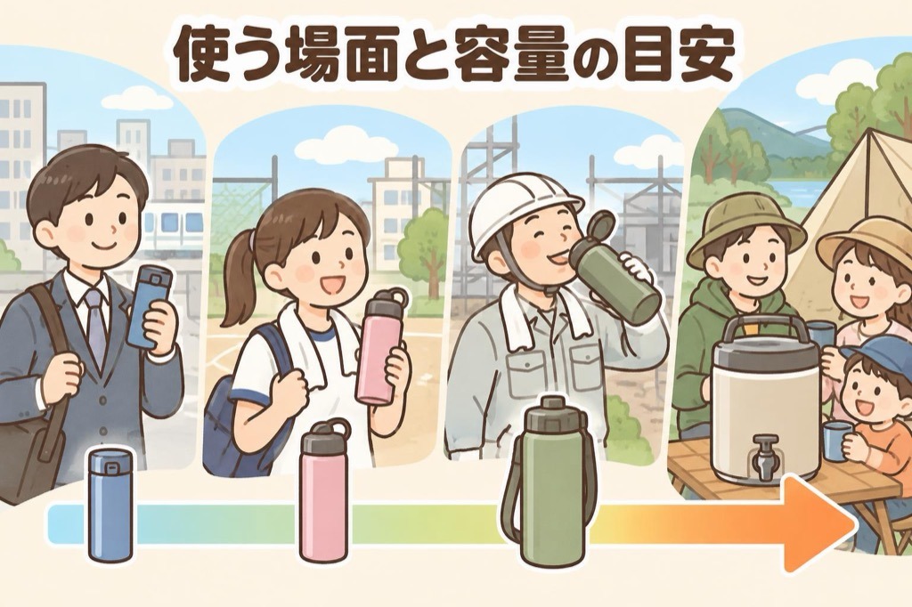 通勤用の小さな水筒、部活用の1L前後の水筒、屋外作業用の大容量スポーツボトル、キャンプ用のジャグを、使う場面ごとに並べたイラスト