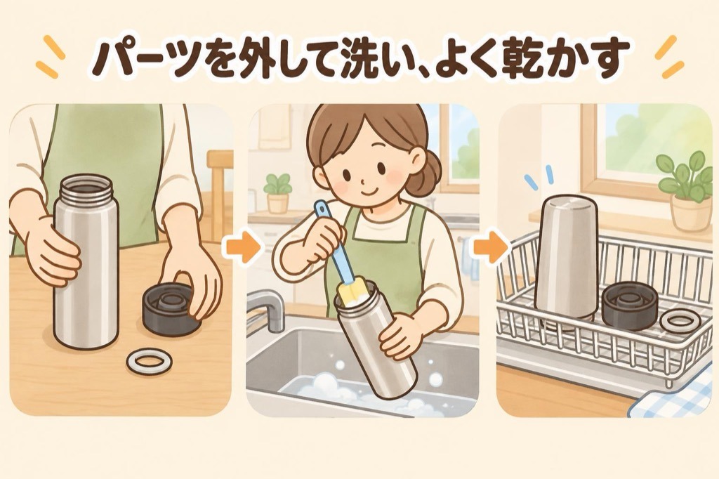 水筒の本体・せん・パッキンを外して並べ、柄の長いスポンジで本体の内側を洗い、水切りかごで乾かす3つの手順のイラスト