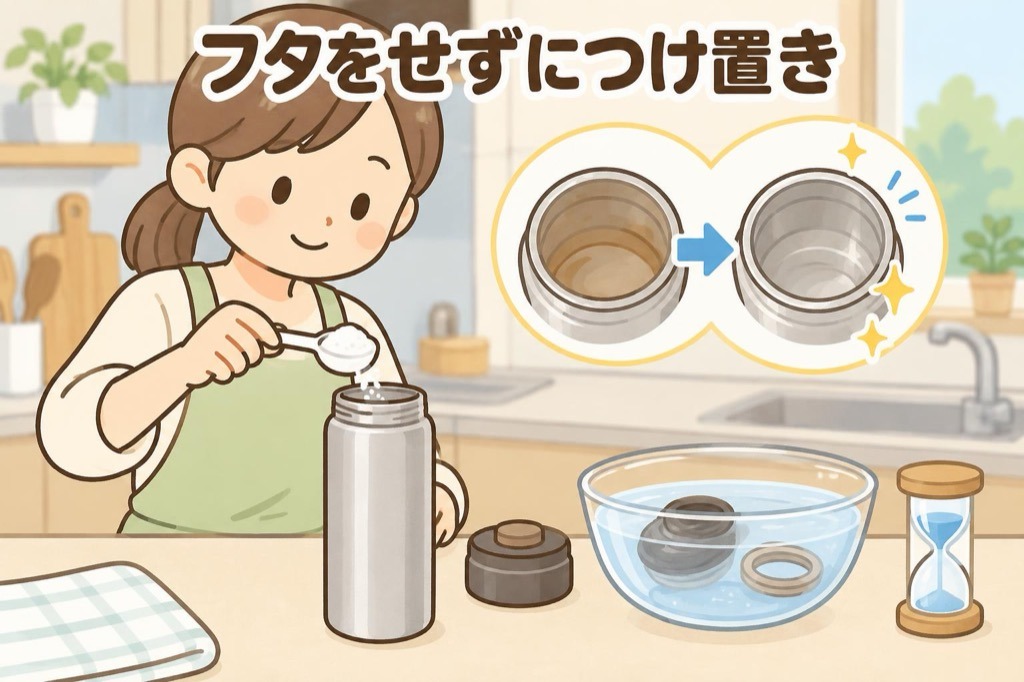 フタを外した水筒にぬるま湯と酸素系漂白剤を入れ、外したせんとパッキンはボウルの液につけ置きしているイラスト