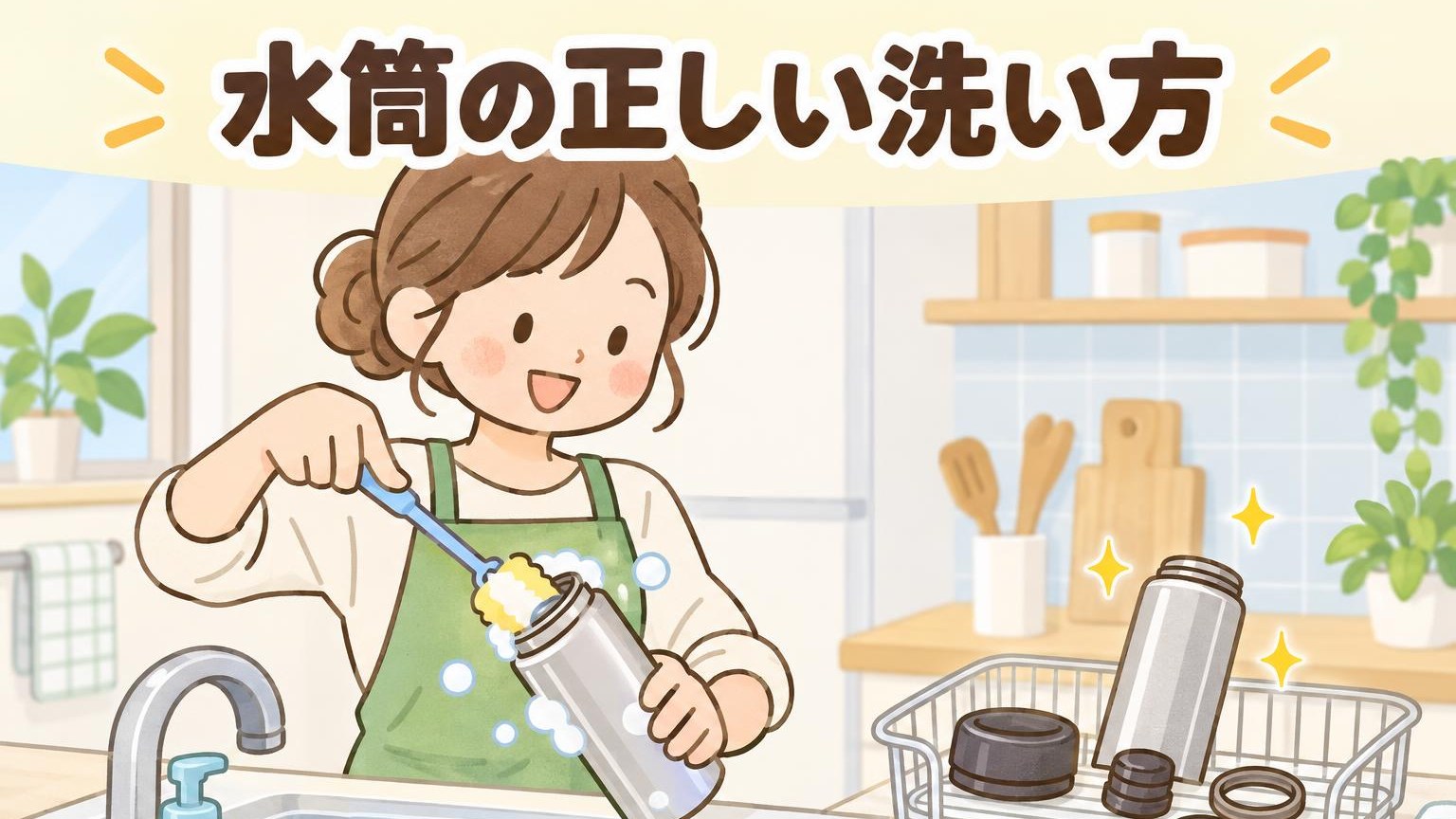 分解したステンレス水筒を柄つきスポンジで洗い、せんとパッキンを水切りかごで乾かしている様子を描いた、水筒の洗い方のイラスト