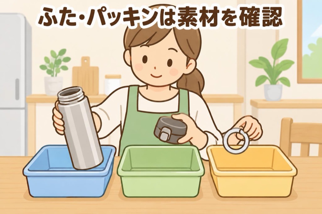 ステンレス製の水筒を本体・ふた・パッキンに分けて、素材ごとに分別する様子のイラスト