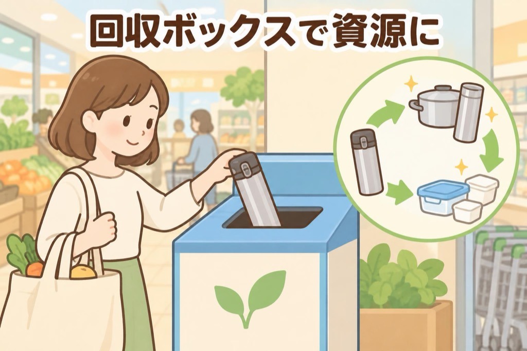 洗って乾かしたステンレス製の水筒を、ふたを付けたまま店舗の回収ボックスに入れる様子のイラスト