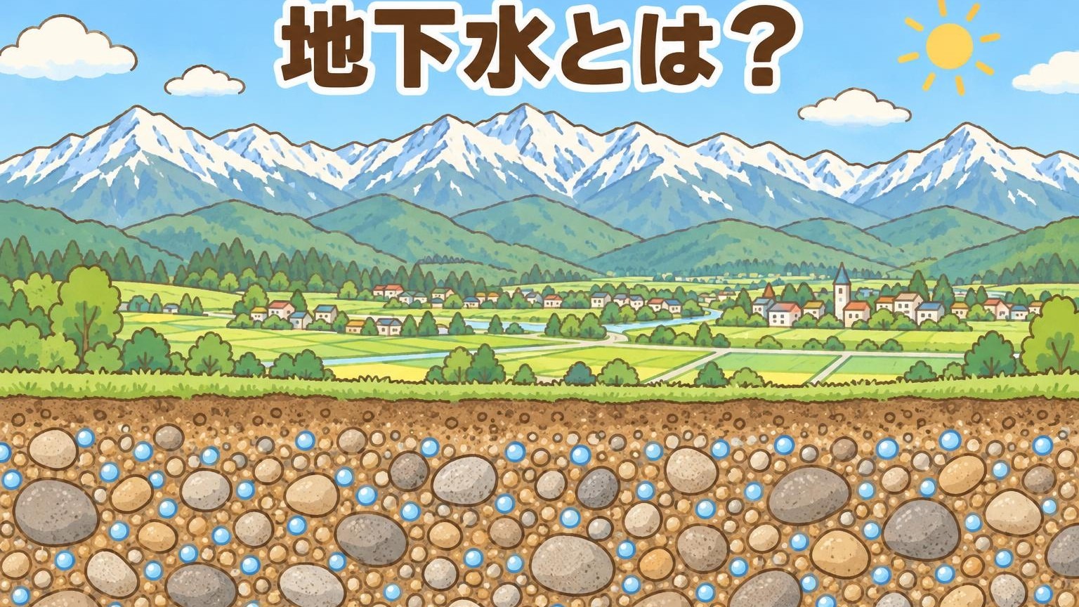 雪山とふもとの町の下で、砂や小石の隙間に地下水がたまっている様子のイメージ