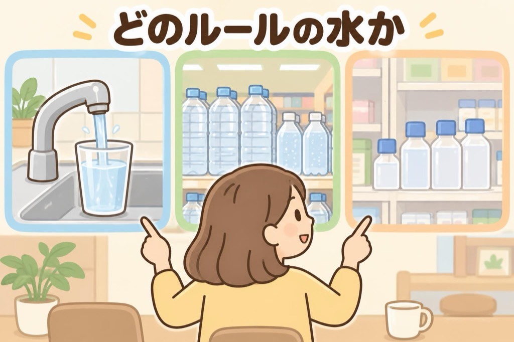 蛇口の水道水、ペットボトルの水、ドラッグストアの精製水が、それぞれ別のルールで扱われていることを表すイラスト