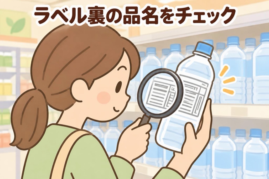ペットボトルの水のラベル裏にある品名欄を確かめる様子のイラスト