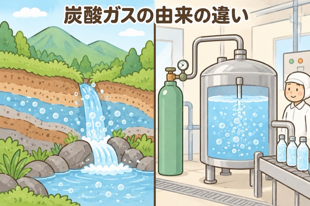 地下で炭酸ガスが溶け込んだ天然の炭酸を含む水と、工場で冷やした水に炭酸ガスを加えて作る炭酸水を比べたイラスト