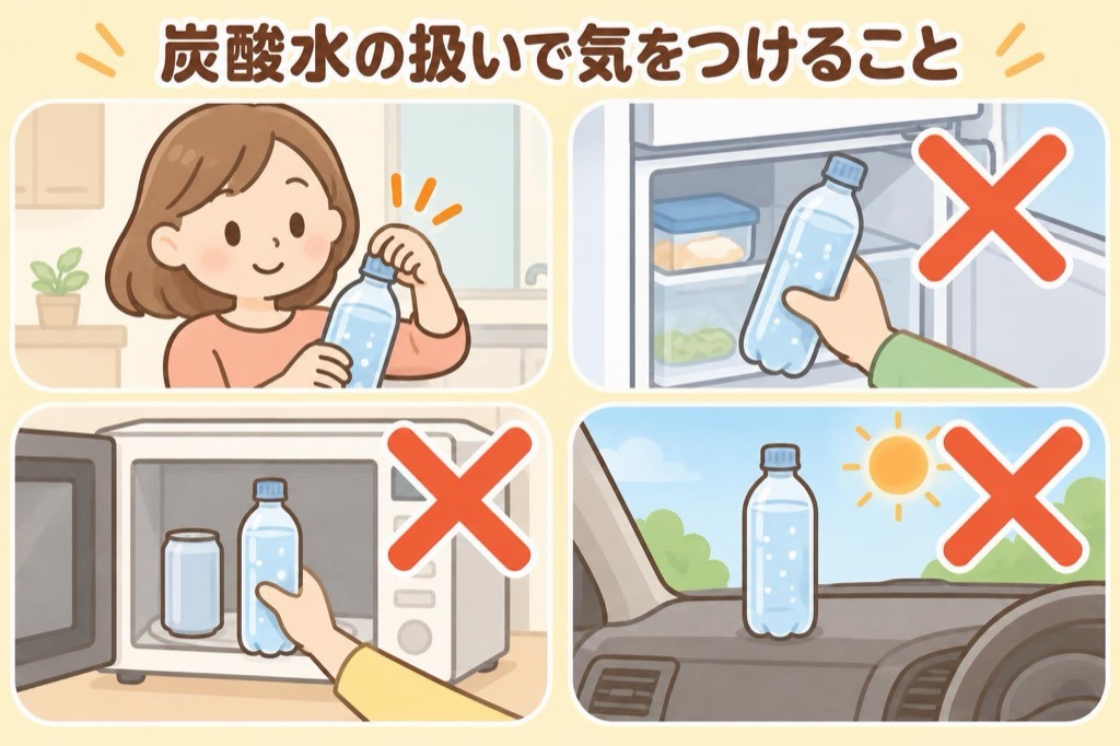 炭酸水を振った直後に開けない・凍らせない・容器のまま温めない・高温の場所に置かないという注意点を示したイラスト