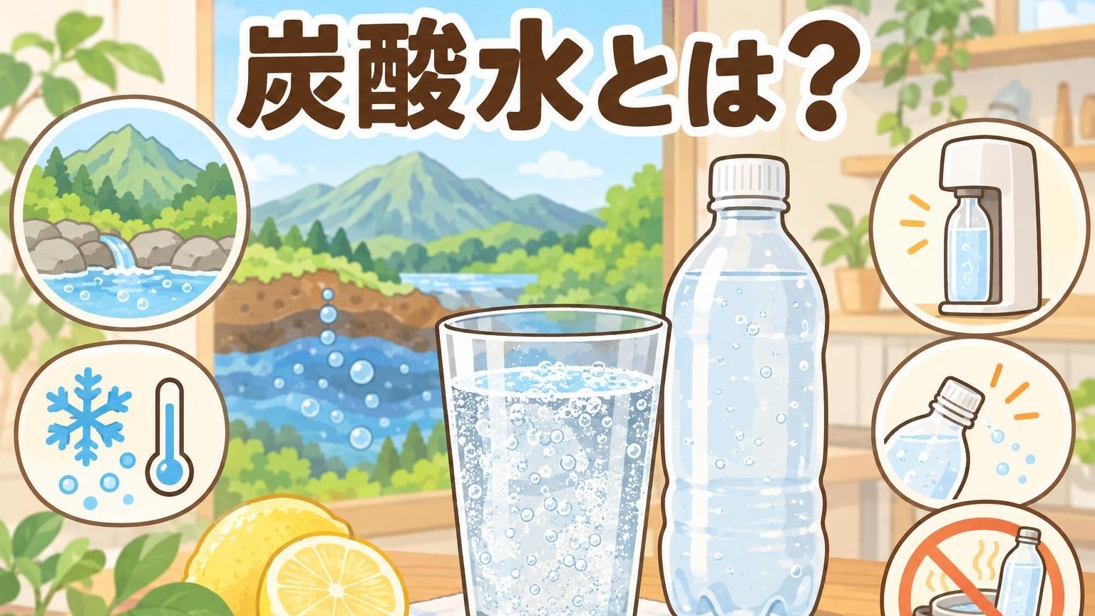 炭酸水とは？泡の立つ炭酸水のグラスとペットボトル、天然の炭酸を含む地下水や保存の注意を表したイラスト