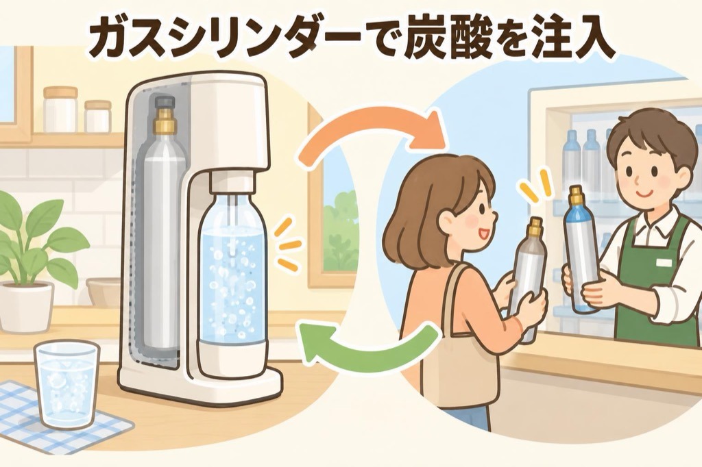 炭酸ガスのシリンダーを本体にセットしてボトルの水に炭酸を注入し、空のシリンダーはお店で返却して交換する流れの画像