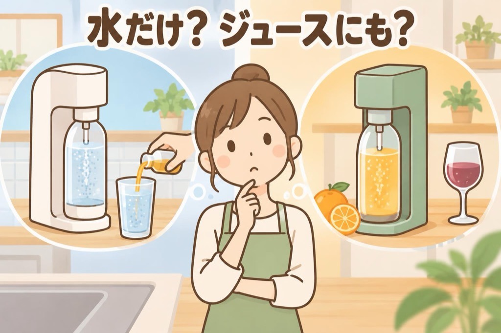 炭酸を入れるのを水だけにするか、ジュースやワインなど水以外の飲み物にも入れたいかで機種を選び分ける画像