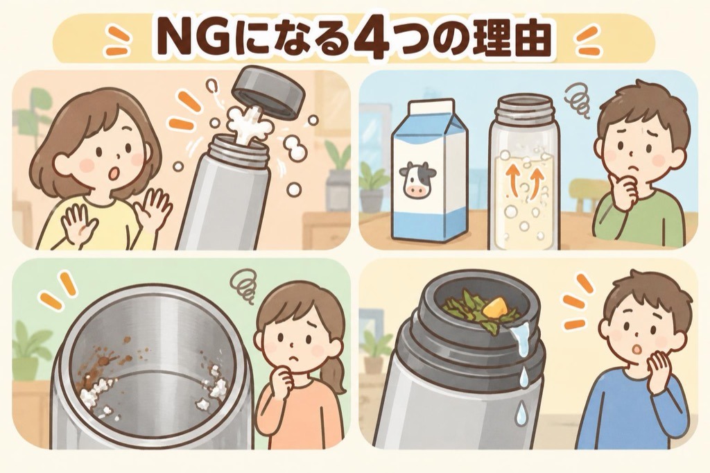水筒に入れてはいけない4つの理由(内圧の上昇・腐敗によるガス・サビ・茶葉や果肉の詰まり)の図解