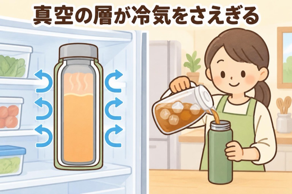 冷蔵庫に入れた水筒は真空の層が冷気をさえぎるため冷えず、冷やした飲み物を注ぐ様子