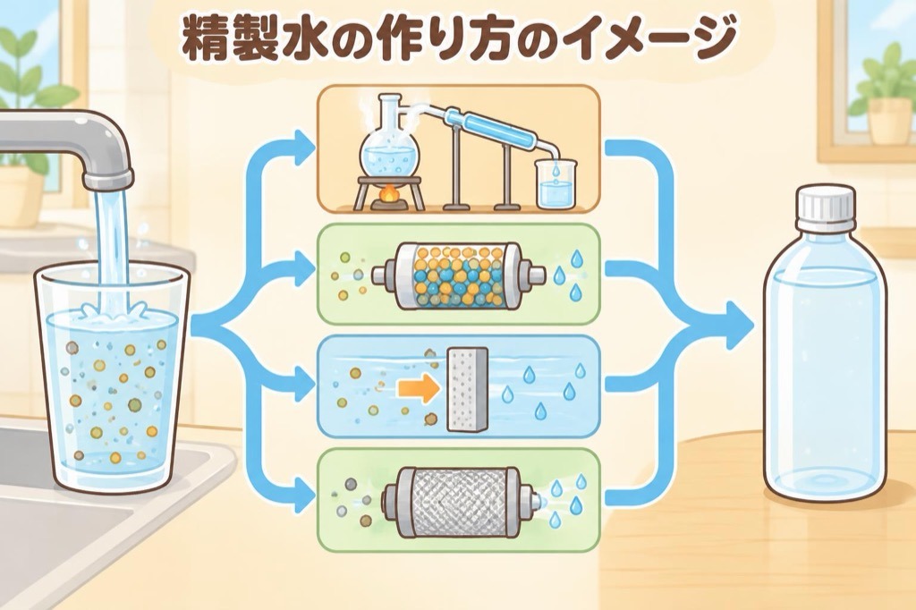 水道水レベルの水(常水)から、イオン交換・蒸留・逆浸透・限外ろ過などの処理で不純物を取り除いて精製水を作る流れのイメージ