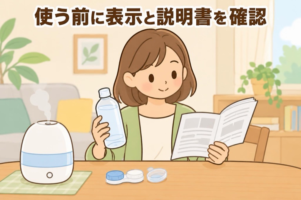 精製水のボトルの表示と、加湿器やコンタクトレンズケア用品の説明書を見比べて、使ってよいかを確認するイメージ