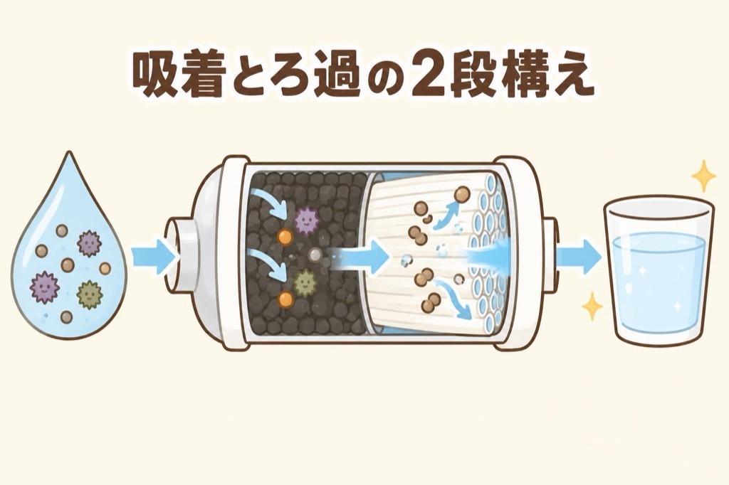 水道水が活性炭で残留塩素やにおいを吸着・分解され、中空糸膜で濁りや鉄サビをこし取られて浄水になる流れの図