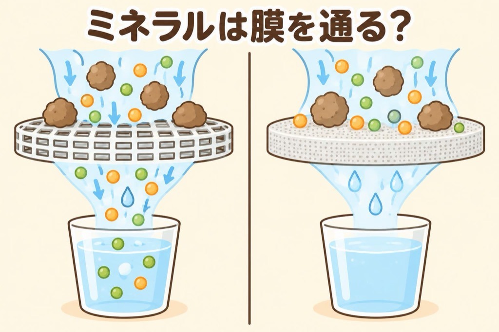 活性炭＋中空糸膜ではカルシウムやマグネシウムが膜を通り抜け、RO膜ではミネラルも通さないことを比べた図