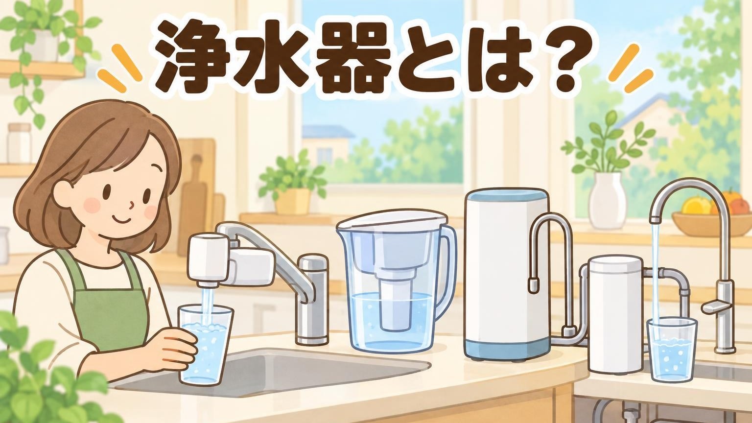 浄水器とは？キッチンに蛇口直結型・ポット型・据置型などの浄水器が並ぶイラスト