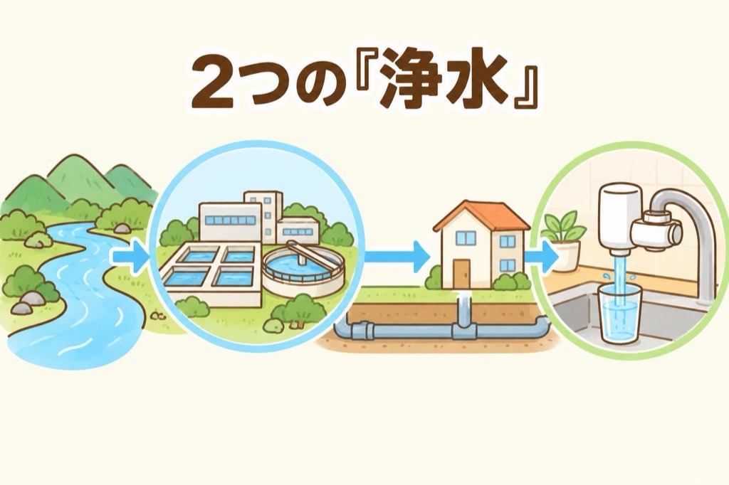 浄水場で川の水を処理してつくる水道水と、家庭の浄水器で水道水を通してつくる水という、「浄水」の2つの意味を並べた図