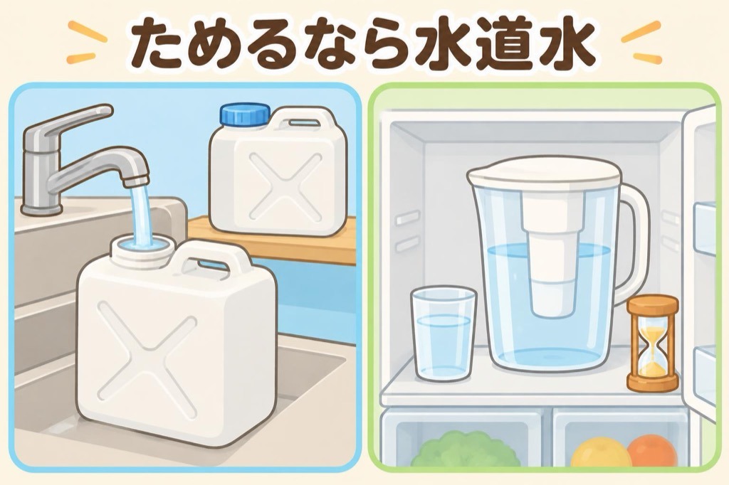 災害用などのくみ置きには蛇口から直接くんだ水道水をふた付き容器でためておき、浄水器の水は冷蔵庫に入れて早めに使い切るイメージ