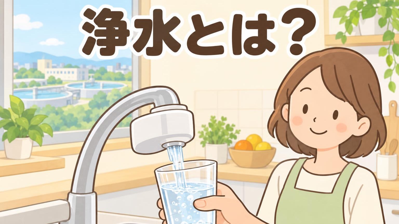 浄水とは？キッチンの蛇口の浄水器からコップに水を注ぐイラスト。窓の外に浄水場が見える